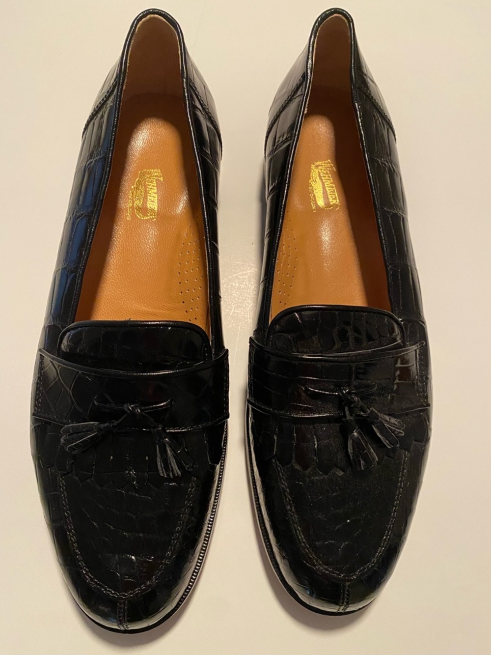 Wehmeiers Black Croc-Embossed Tassel Slip-Ons